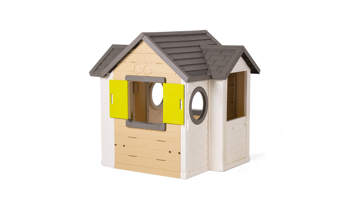 Căsuță bej My New House Smoby extensibilă cu 2 geamuri cu obloane și 2 geamuri rotunde și ușă mică 135 cm înălțime cu filtru anti UV de la 2 ani
