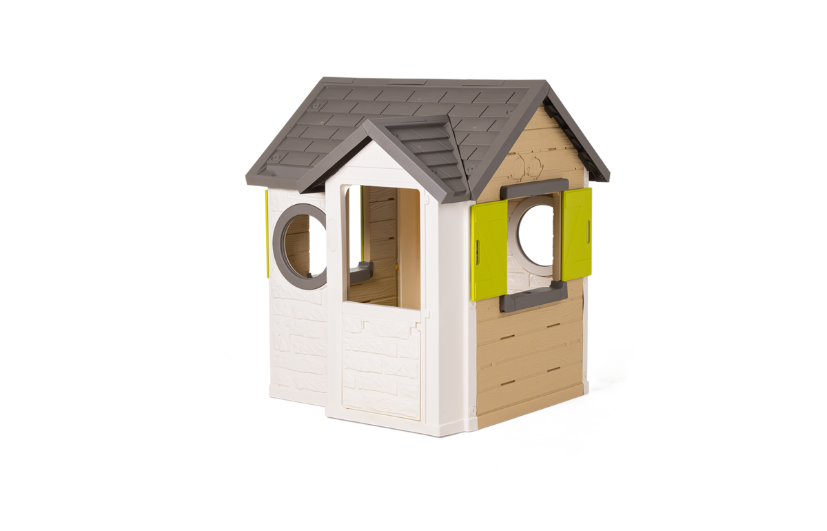 Căsuță bej My New House Smoby extensibilă cu 2 geamuri cu obloane și 2 geamuri rotunde și ușă mică 135 cm înălțime cu filtru anti UV de la 2 ani