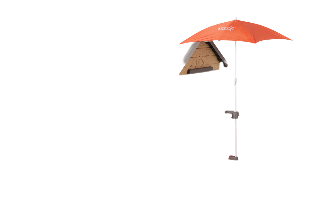 Căsuță bej My New House Smoby extensibilă cu 2 geamuri cu obloane și 2 geamuri rotunde și ușă mică 135 cm înălțime cu filtru anti UV de la 2 ani