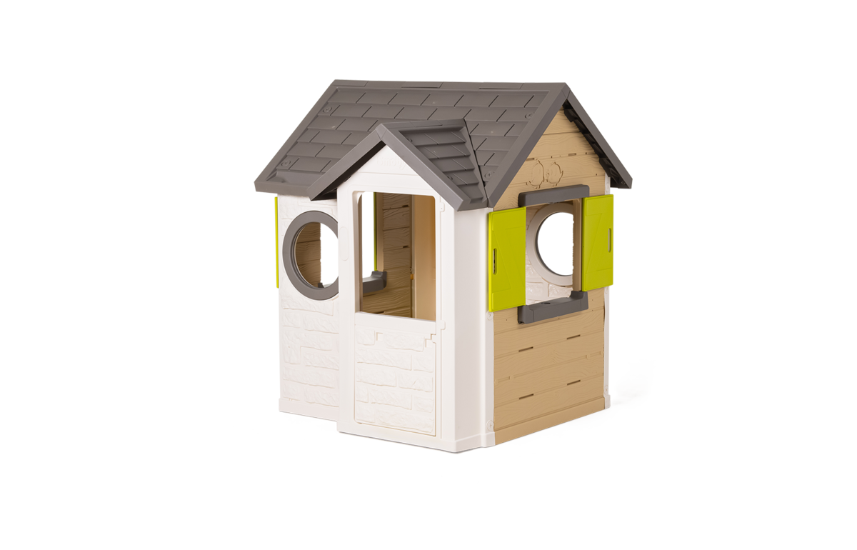 Căsuță bej My New House Smoby extensibilă cu 2 geamuri cu obloane și 2 geamuri rotunde și ușă mică 135 cm înălțime cu filtru anti UV de la 2 ani