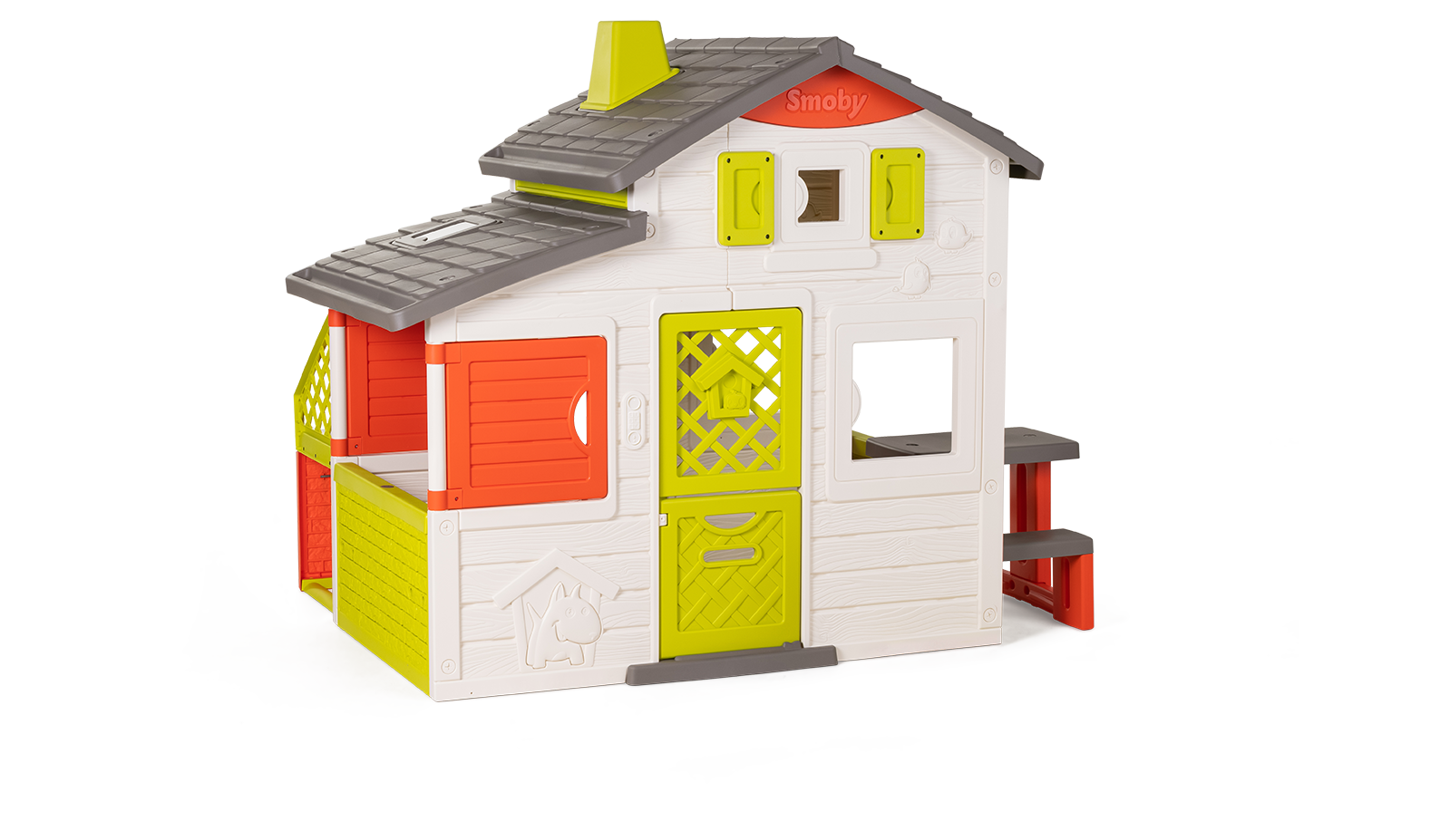 Căsuța Prieteni versiune nouă Neo Friends House Smoby se poate completa cu grădină, burlan, lampă și altele, cu filtru UV