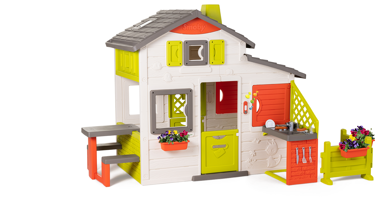 Căsuța Prieteni versiune nouă Neo Friends House Smoby cu grădină, se poate completa cu burlan, lampă, umbrelă și alte accesorii filtru UV 172 cm înălțime