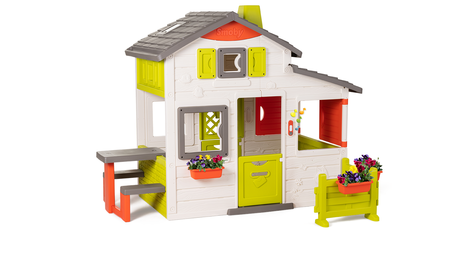 Căsuța Prieteni versiune nouă Neo Friends House Smoby cu grădină, se poate completa cu burlan, lampă, umbrelă și alte accesorii filtru UV 172 cm înălțime
