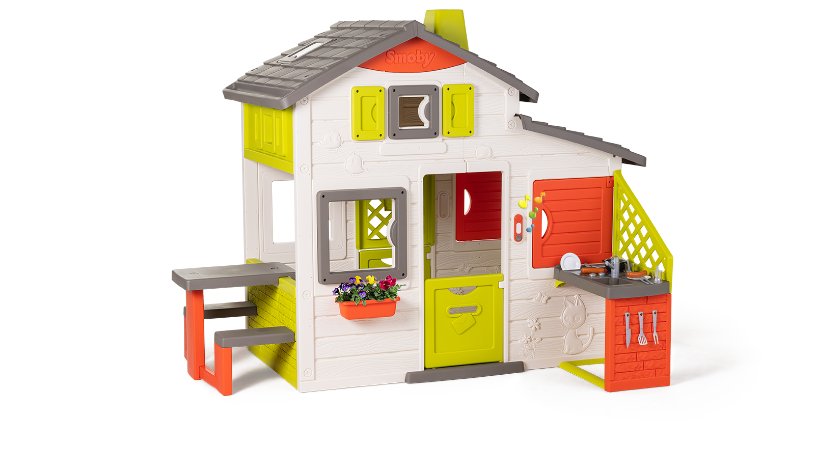 Căsuța Prieteni versiune nouă Neo Friends House Smoby se poate completa cu grădină, burlan, lampă și altele, cu filtru UV